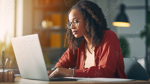 Young poc woman working at a laptop in an office. Professional at work photo