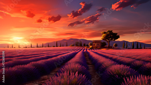 A sunset over a lavender field with a house in the background.,, A Lavender Landscape Basking in the Radiance of a Sunset Sky
