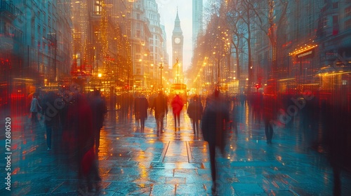 city center with people in walking in blurred motion