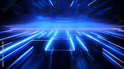 Neon glowing techno lines, blue hi-tech futuristic abstract background template with square shape , Generate AI