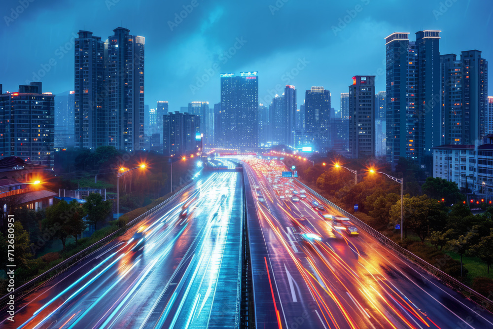 Fototapeta premium Stadt und Autobahn bei Nacht