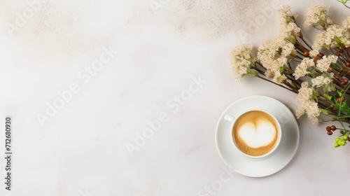cup of coffee with a blank card and a bouquet of spring flowers on a pastel concrete background. The scene is done in light colors with a top view, which gives plenty of space for copying.