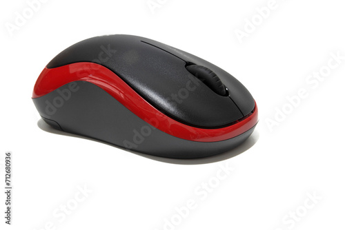 Wireless black and red computer mouse isolated on white background. Clipping path included.