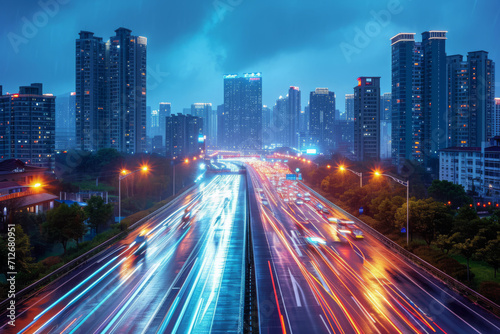 Stadt und Autobahn bei Nacht