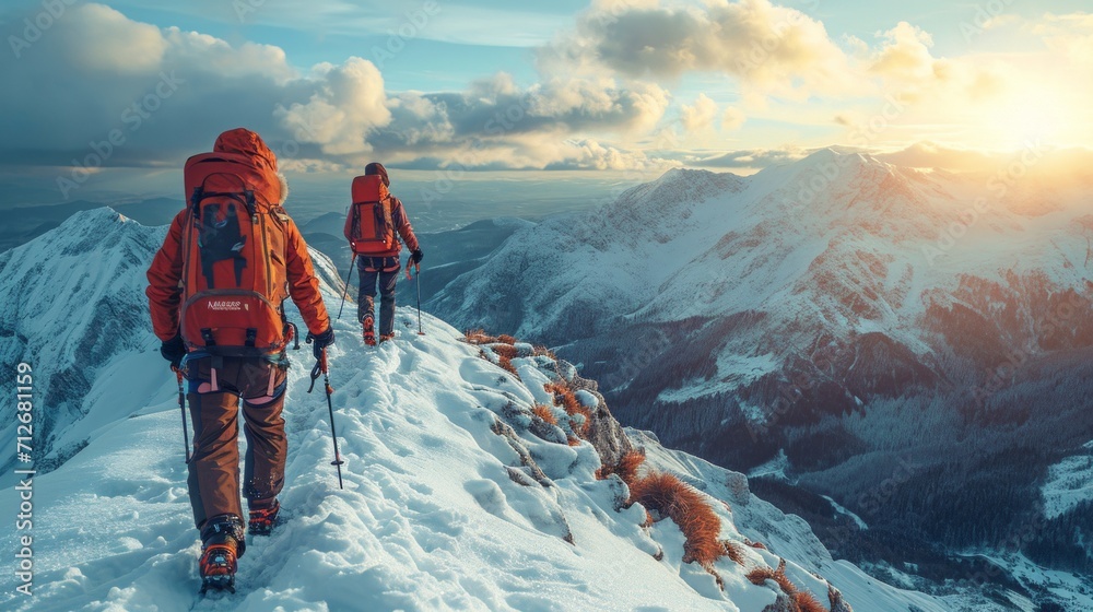 Group of people climbing, hiking up a high mountain, Reach the top of the mountain - obrazy, fototapety, plakaty 