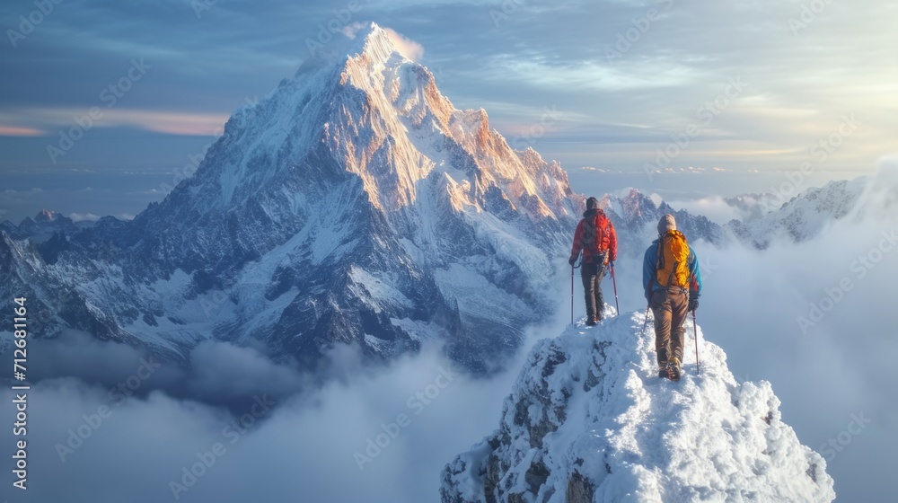 Group of people climbing, hiking up a high mountain, Reach the top of the mountain