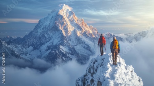 Group of people climbing, hiking up a high mountain, Reach the top of the mountain