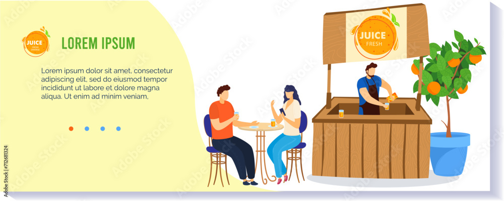 Fototapeta premium Man and woman enjoying fresh juice at a cafe, bartender pouring drinks. People drinking healthy beverages, socializing in a modern juice bar vector illustration.