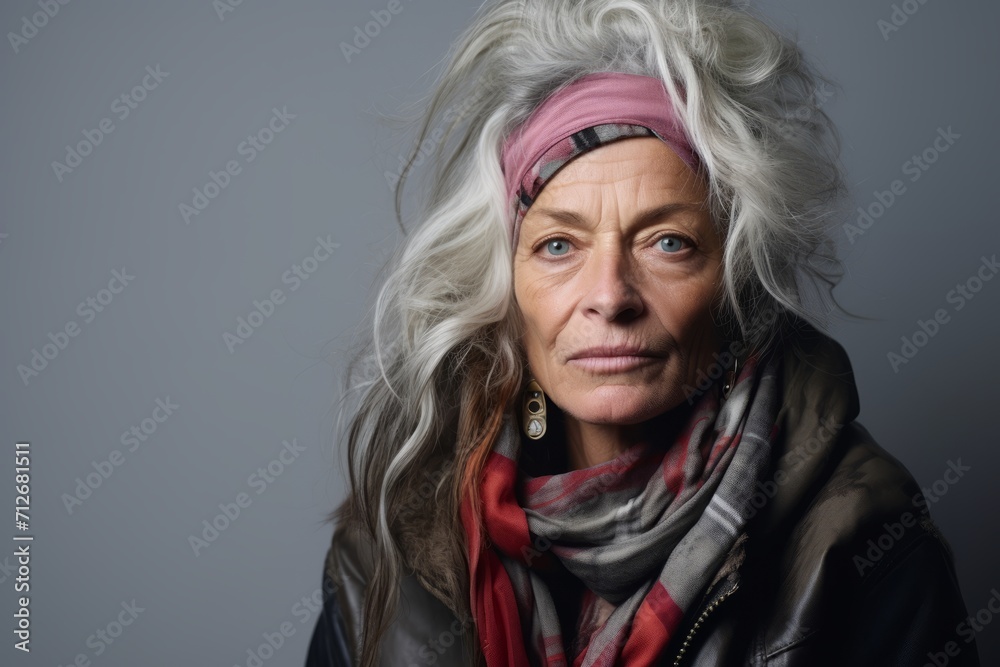 Portrait of an elderly woman wearing a headband and scarf. Portrait of an elderly woman wearing a headband and scarf.