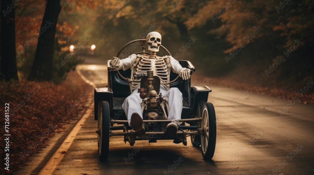 A skeleton drives a car on the country road on Halloween