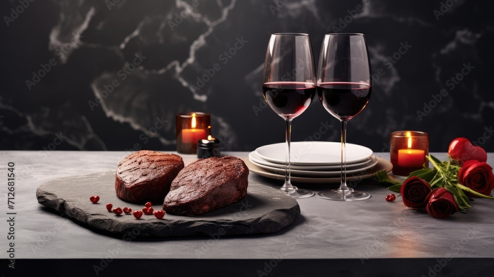 romantic dinner in honor of Valentine's Day, two grilled beef steaks in the shape of hearts, seasoned with spices, a gift, two glasses placed on a stone surface.