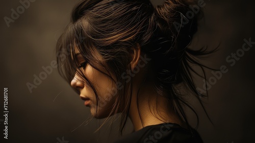 portrait of a woman with hairstyle in a dark setting. Soft lighting creates a contrast between the shadow and shine of her hair and neck, femininity, capriciousness, atmosphere, mystery and grace.