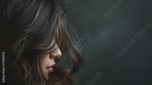 portrait of a woman with hairstyle in a dark setting. Soft lighting creates a contrast between the shadow and shine of her hair and neck, femininity, capriciousness, atmosphere, mystery and grace.
