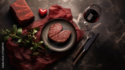 romantic dinner in honor of Valentine's Day, two grilled beef steaks in the shape of hearts, seasoned with spices, a gift, two glasses placed on a stone surface.