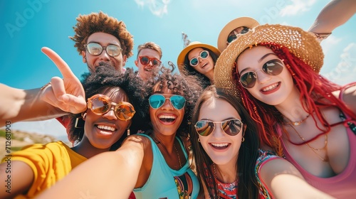 Multiracial selfie with friends walking on city street, young people having fun, teenagers laughing at camera, friendship and tourism concept photo