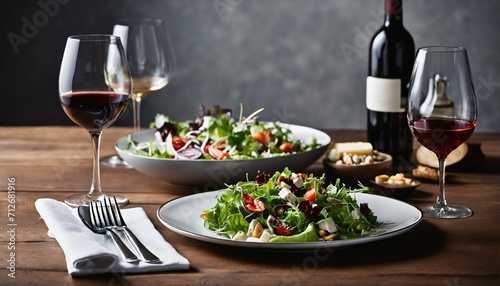 Dining table arrangement with plates of gourmet food, wine glasses, salad bowl, and wine on a table