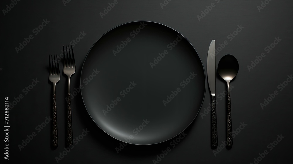 An empty black plate with black cutlery on a noble black table, photographed from above, food photography An empty black plate with black cutlery on a noble black table, photographed from above, food photography