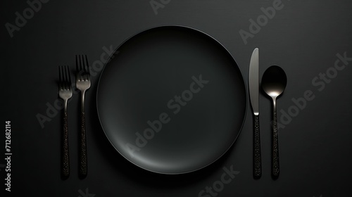 An empty black plate with black cutlery on a noble black table, photographed from above, food photography photo