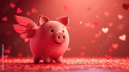 Red piggy bank with white angel wings in the shape of a pig, on a solid red background. Heart shaped confetti flies in the air