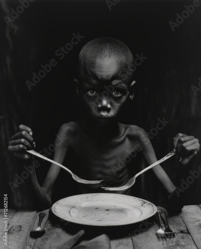 Portrait of hungry african american child with dirty face holding spoon and fork. A haunting image of a gaunt child with hollow eyes, representing the harsh reality of famine. 
