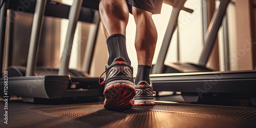 Close-up of a man's feet on the treadmill, training in the gym or at home