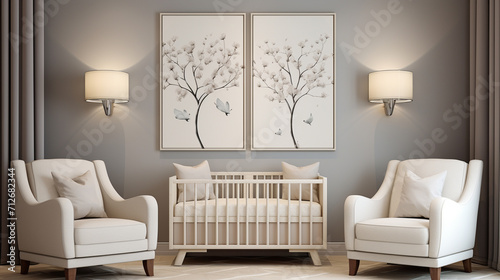 Nursery room - stock photo Nursery room decorated with white elegant furniture . Artworks on the walls are my own illustrations Similar image   Generate AI