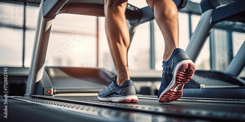 Close-up of a man's feet on the treadmill, training in the gym or at home © Creative Canvas