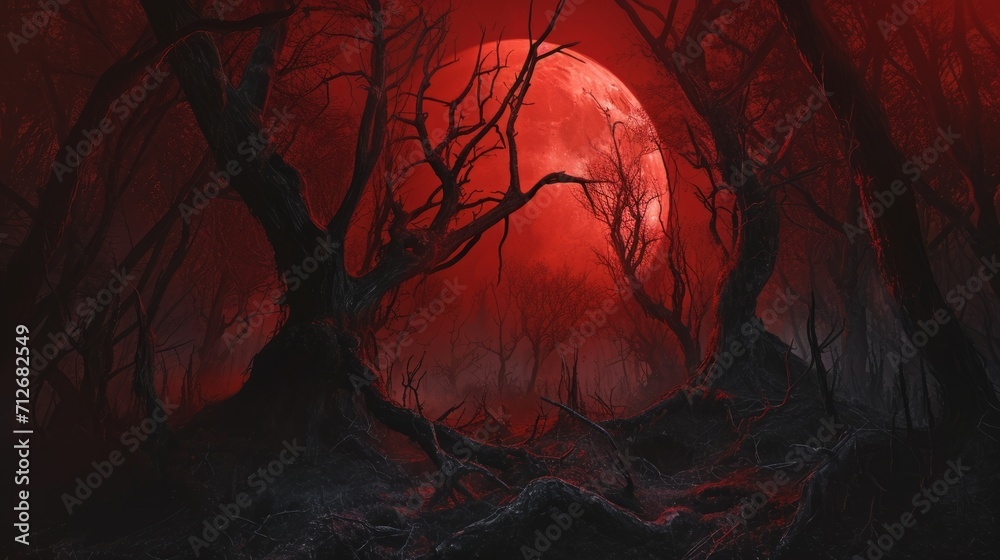 Fantasy landscape with blood moon in the forest.. A haunted forest under the eerie glow of a blood-red moon. Distorted shadows and skeletal branches create a sense of impending doom. - obrazy, fototapety, plakaty 