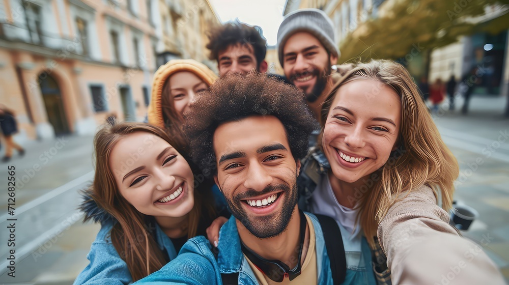Multiracial selfie with friends walking on city street, young people having fun, teenagers laughing at camera, friendship and tourism concept Multiracial selfie with friends walking on city street, young people having fun, teenagers laughing at camera, friendship and tourism concept