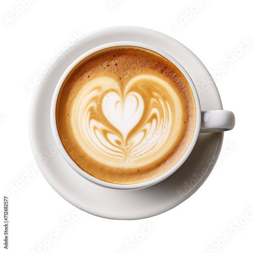 Cup of coffee photographed from above, latte art, heart, isolated 