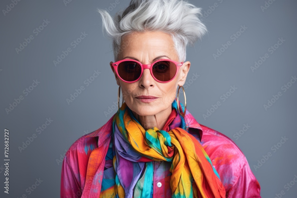 Fashionable mature woman wearing sunglasses and colorful scarf. Studio shot.