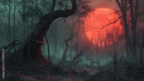 Fantasy landscape with blood moon in the forest.. A haunted forest under the eerie glow of a blood-red moon. Distorted shadows and skeletal branches create a sense of impending doom. photo