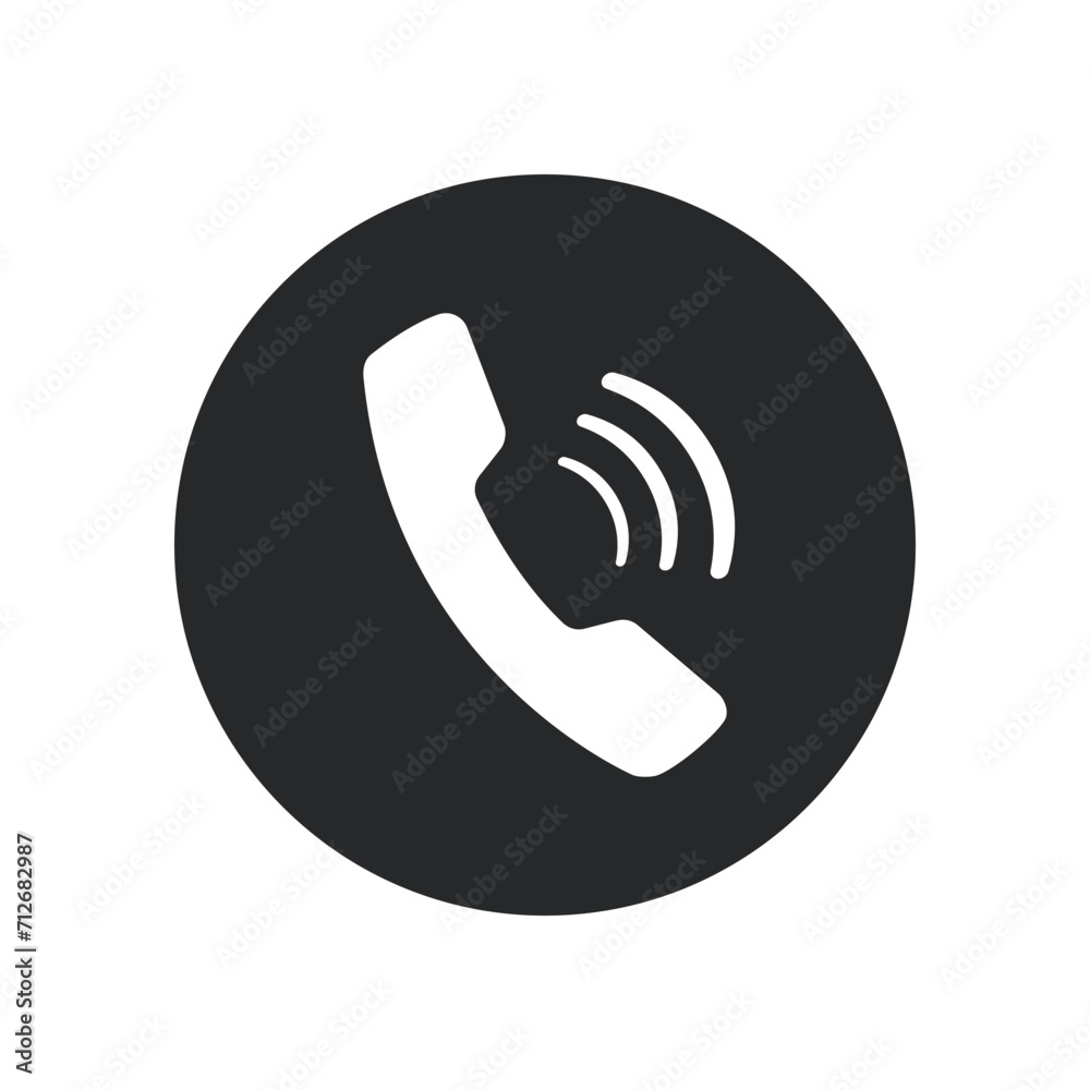 White phone icon on black round background, flat, web, vector