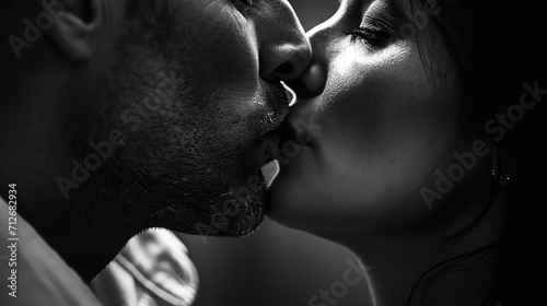 A black and white close-up shot of a young couple, capturing an intimate moment as the man kisses the woman.