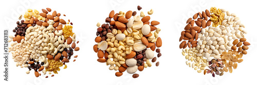 Set of mix dry food top view isolated on a transparent background