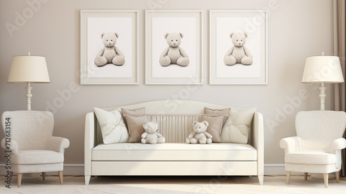 Nursery room - stock photo Nursery room decorated with white elegant furniture . Artworks on the walls are my own illustrations Similar image   Generate AI