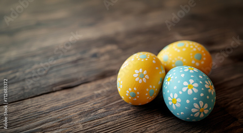 Three easter eggs on wooden background, easter day concept, copy space.