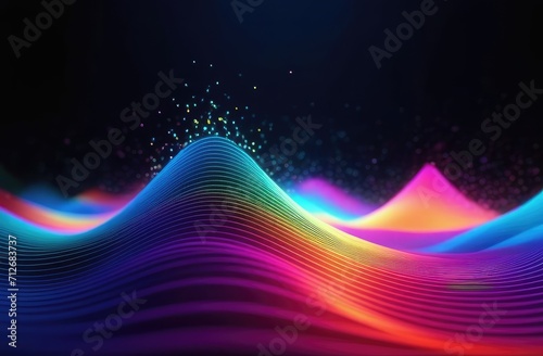 A wave of bright multicolored blue, red, and yellow particles. Visualization of sound and music.