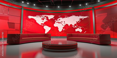 Modern red TV News Studio, world map in the background on a screen