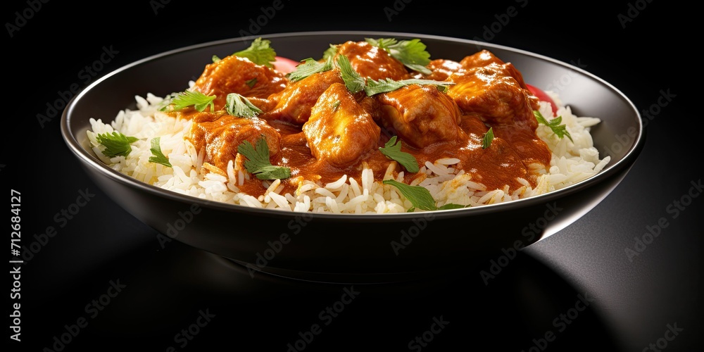 Mouthwatering Indian curry with rice in a bowl, set, isolated or white background