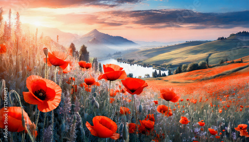 Impresyjny obraz, górzysty krajobraz z kwiatami czerwonych maków photo