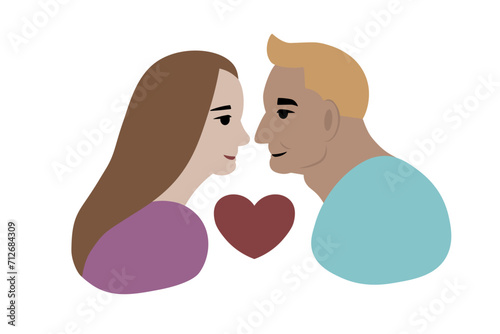 Girl woman and a boy man look to each other. In love, lover. Heart between them. Simple abstract isolated vector illustration.