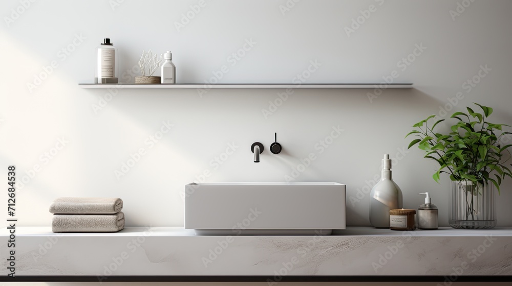 a bathroom with a marble counter table top, suitable for showcasing products in a minimalist modern style.