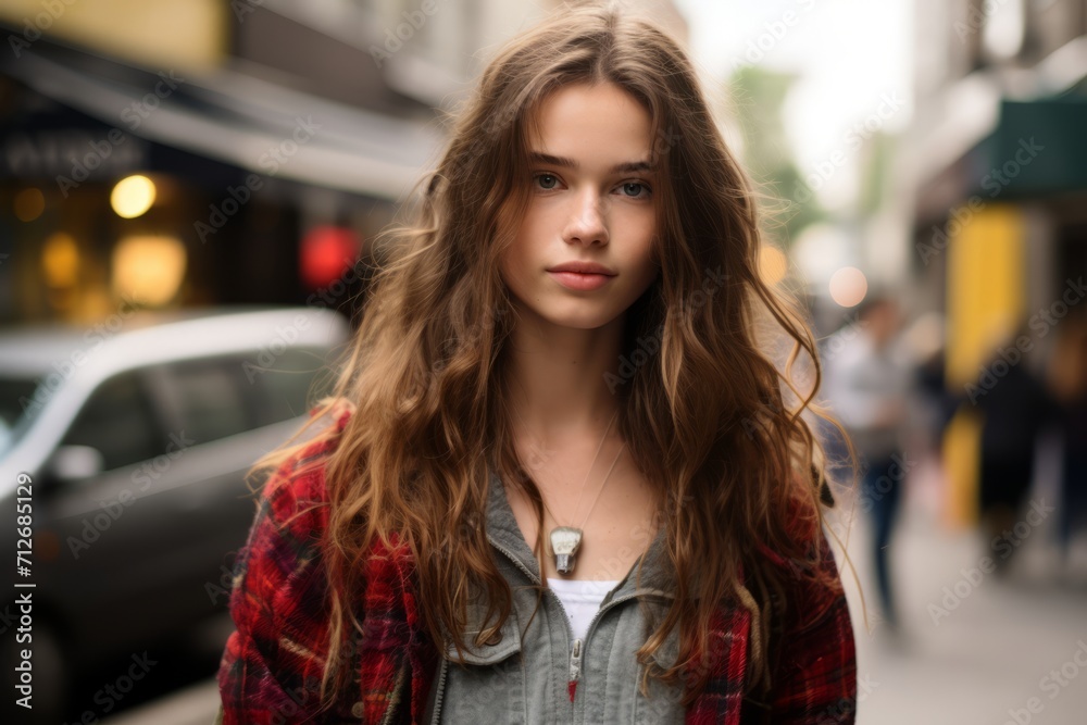 Portrait of a beautiful young woman with long curly hair on the street. Portrait of a beautiful young woman with long curly hair on the street.