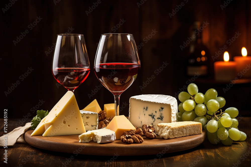 Cheese plate with  nuts and grape and red wine in glasses on a wooden background