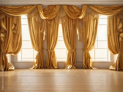 Gold curtains and wooden floor. Ai. Golden stage concept of exclusivity design.