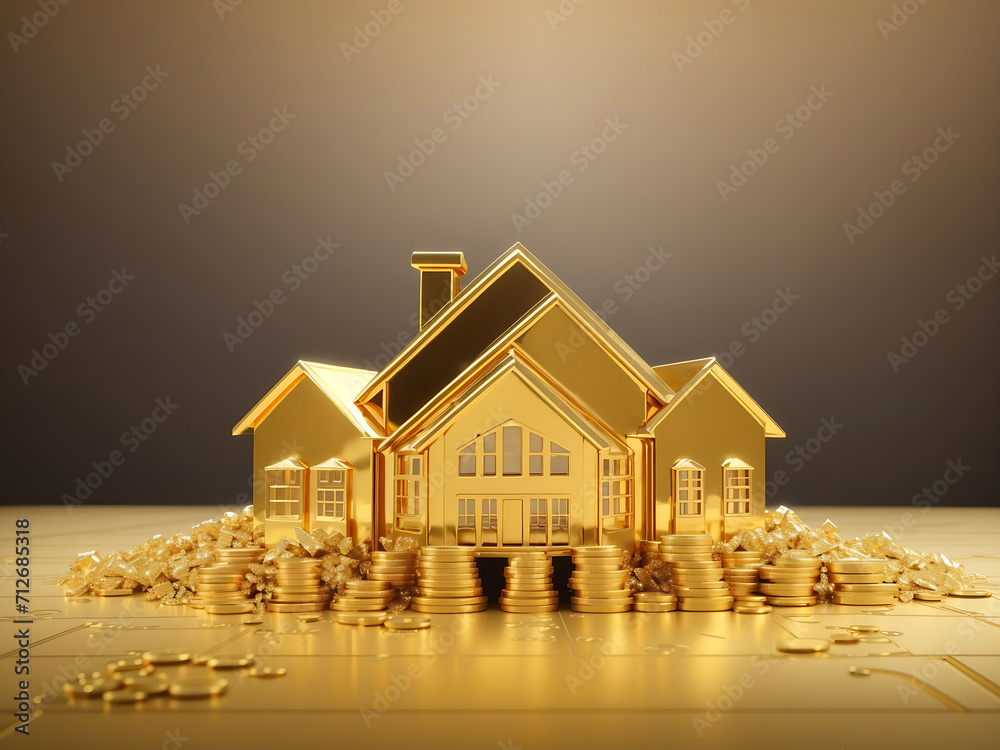 Gold real estate house investment property business on a golden background design. - obrazy, fototapety, plakaty 