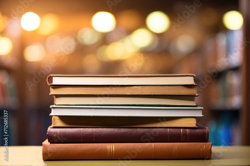 Stack of book on library background