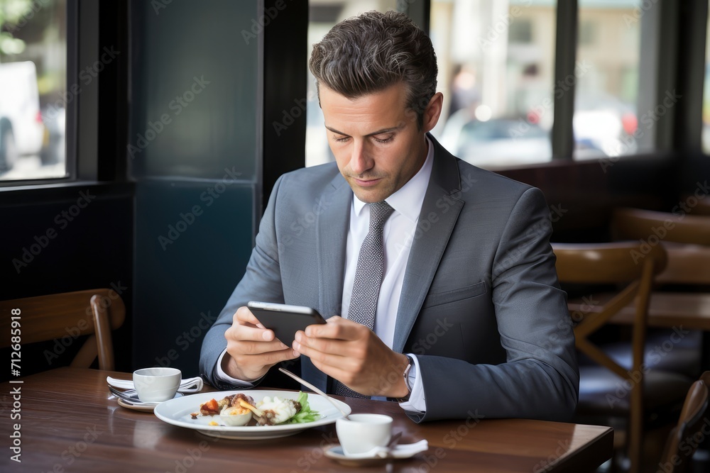 Man Sitting at Table, Looking at Cell Phone, Technology, Communication, Recreation Man Sitting at Table, Looking at Cell Phone, Technology, Communication, Recreation