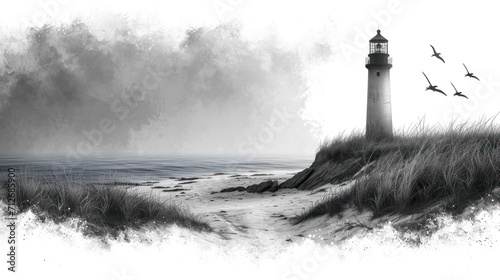  a black and white photo of a lighthouse on a beach, surrounded by grass and with birds flying in the sky above The lighthouse stands tall against the backdrop of t